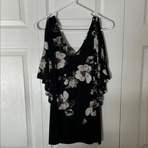 Floral Black and White Cold Shoulder Top